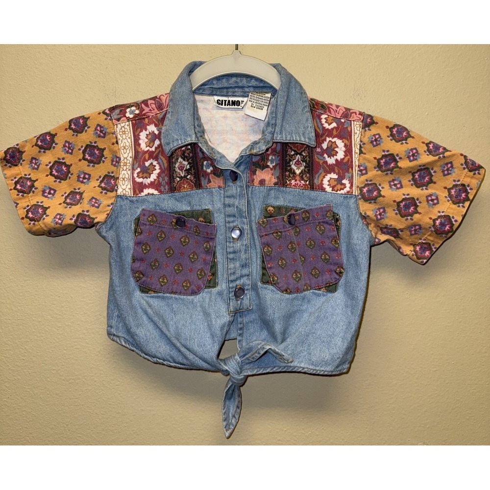 Vintage Gitano Top Girls 6X 80's Denim Patchwork Tie Retro GenX Radical Floral
